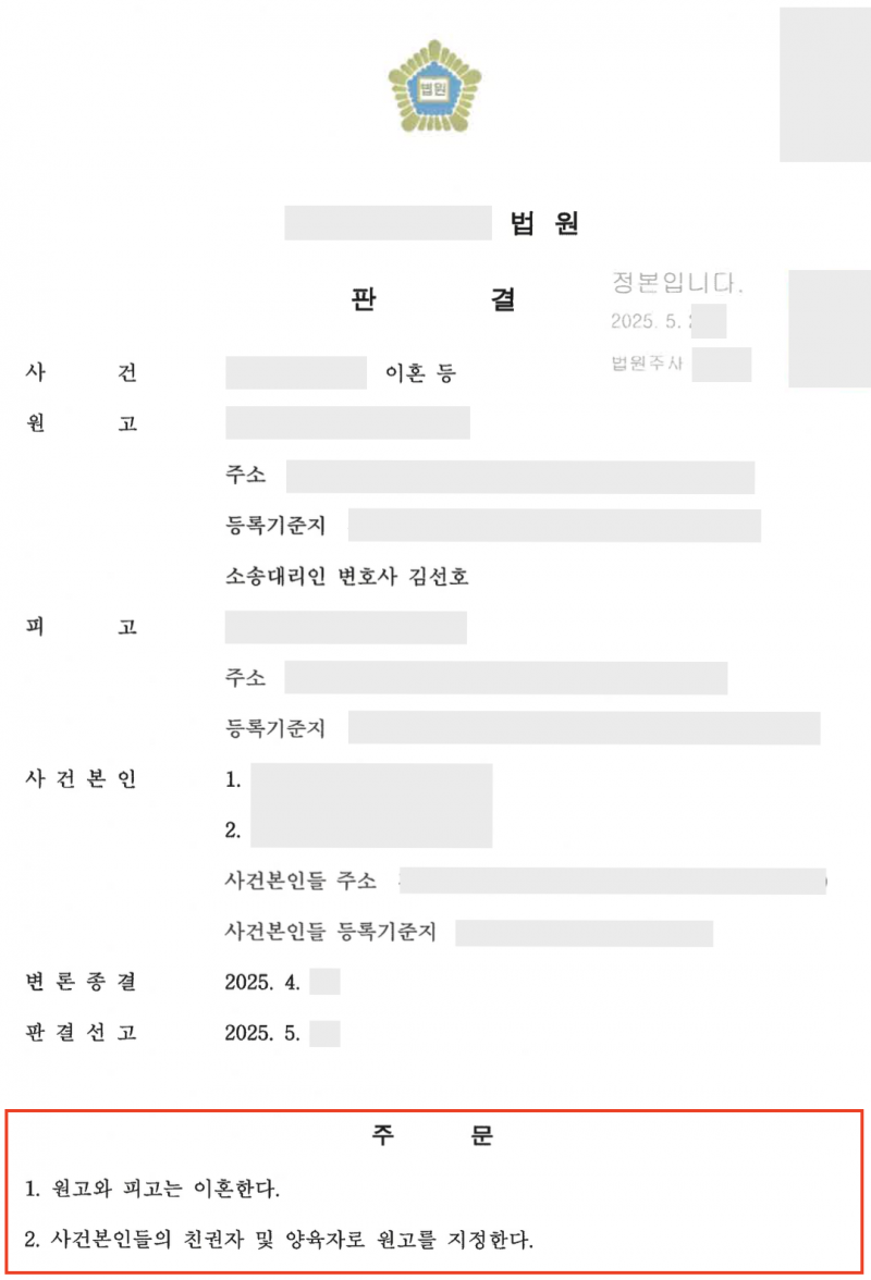 양육권 확보 승소 판결문