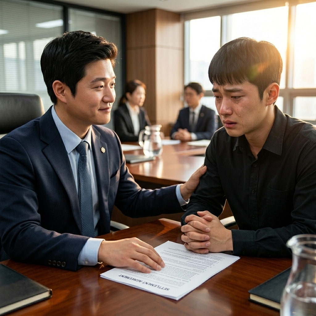 카촬죄 기소유예 선처를 위해 형사전문변호사와 피해자 합의 및 처벌불원서 확보를 상담하는 모습
